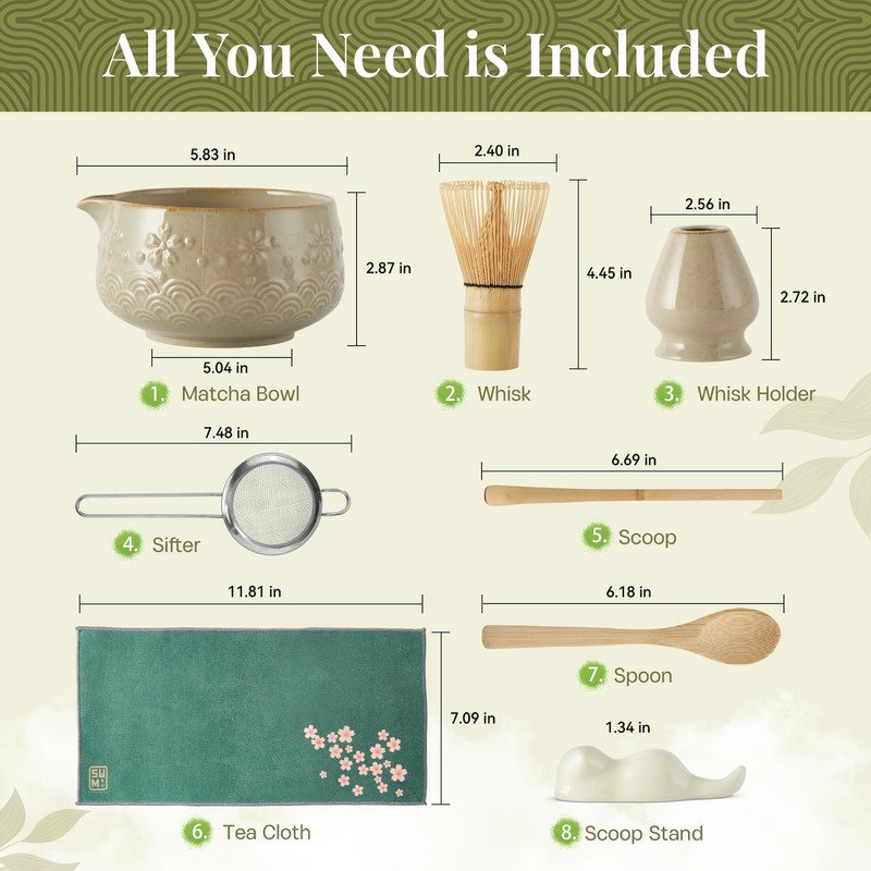 Matcha Whisk Set 9pcs – Matcha Tea Set with Ceramic Matcha Bowl, Bamboo Whisk... gallery