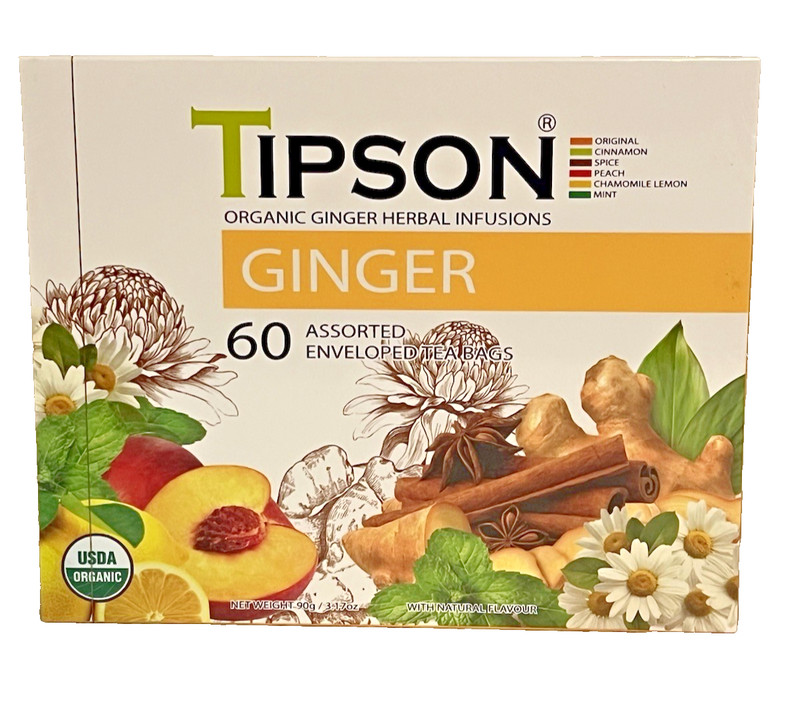 Tipson 60 Organic Assorted Ginger Collection Herbal Infusions Enveloped Tea Bags