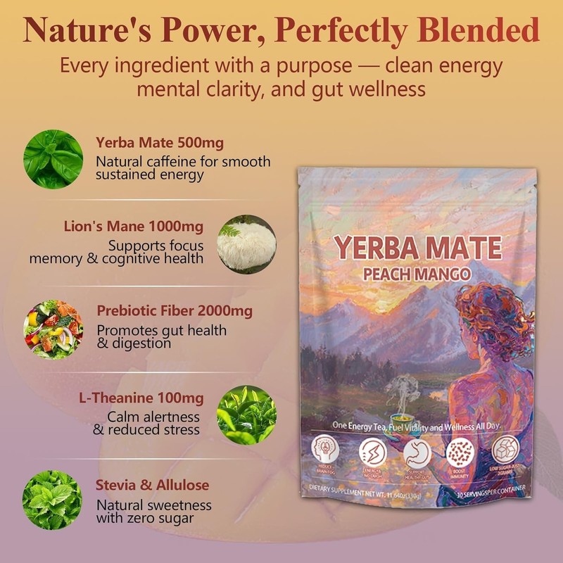 Instant Yerba Mate Tea - Peach Mango Flavor, Digestive Support, 30 Servings gallery