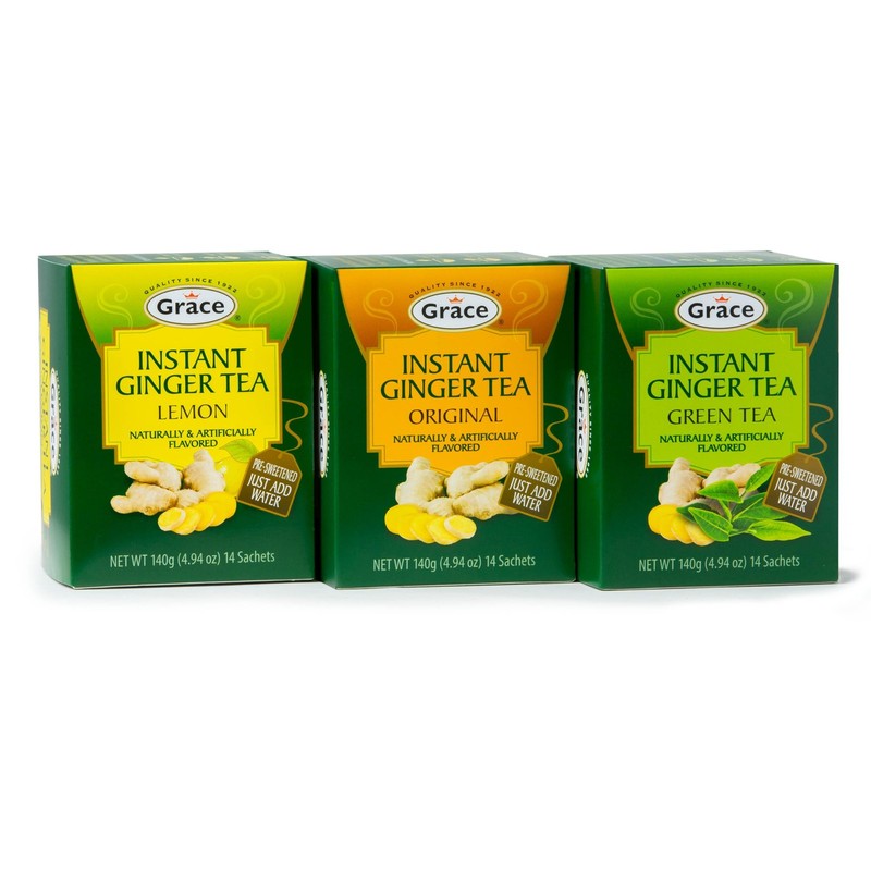 3 Pack Grace Instant Ginger Tea Variety Lemon Original Green Caribbean Tea Bags
