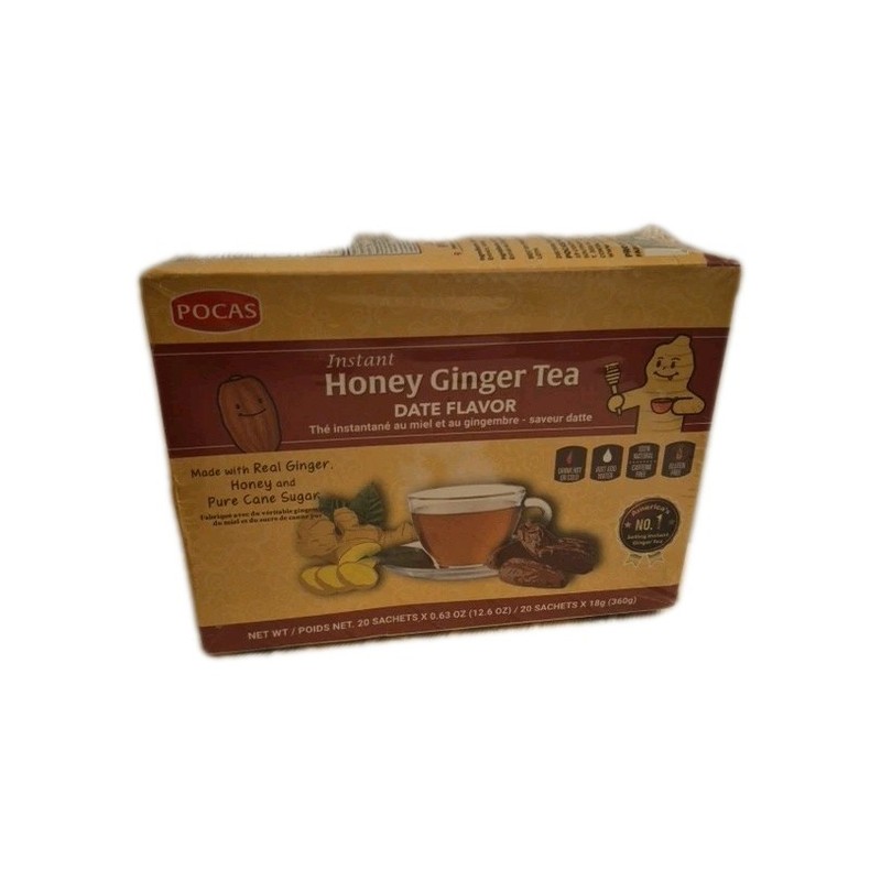 Pocas Honey Ginger Tea Date Flavor Instant Non GMO Gluten Caffeine Free 20 Ct