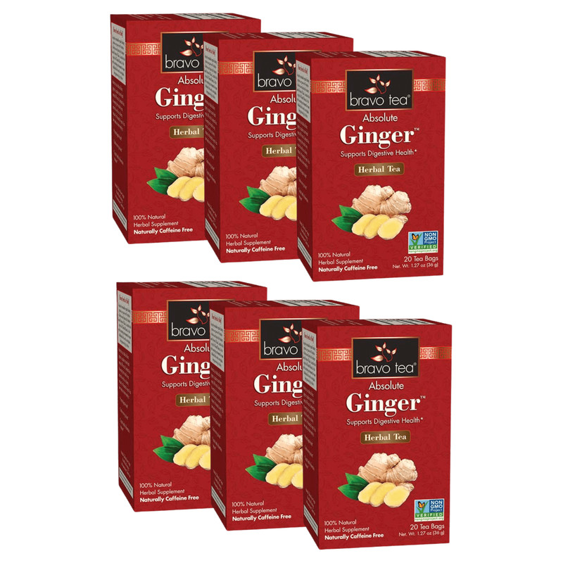 Absolute Ginger Tea by Bravo Tea (6 Boxes of 20 Teabags Each)