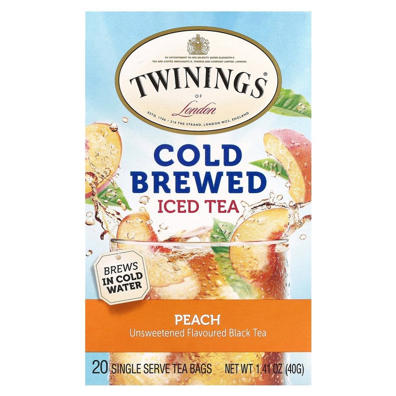 Cold Brewed Iced Tea, Black Tea, Unsweetened, Peach, 20 Single Serve Tea Bags,