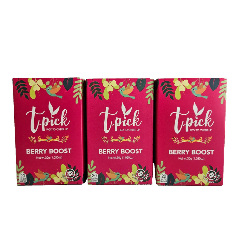 T-Pick Berry Boost Ceylon 3 Boxes 60 Sachets BB 3/22/27 Tangy Fruity No Caffeine