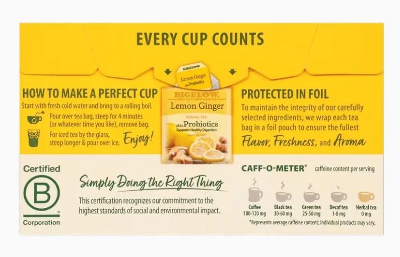 Bigelow Tea Lemon Ginger plus Probiotics Herbal Te 18 Count Box (Pack of 6), 108 gallery