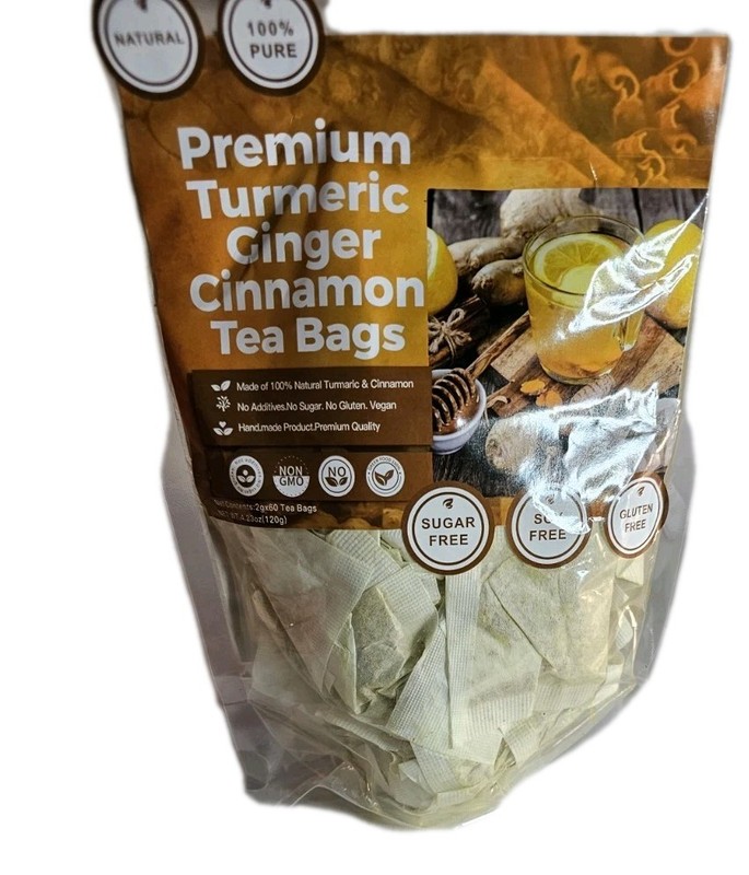 60 Premium Turmeric Ginger Cinnamon Tea Bags, 100% Natural Exp: 5/15/2027