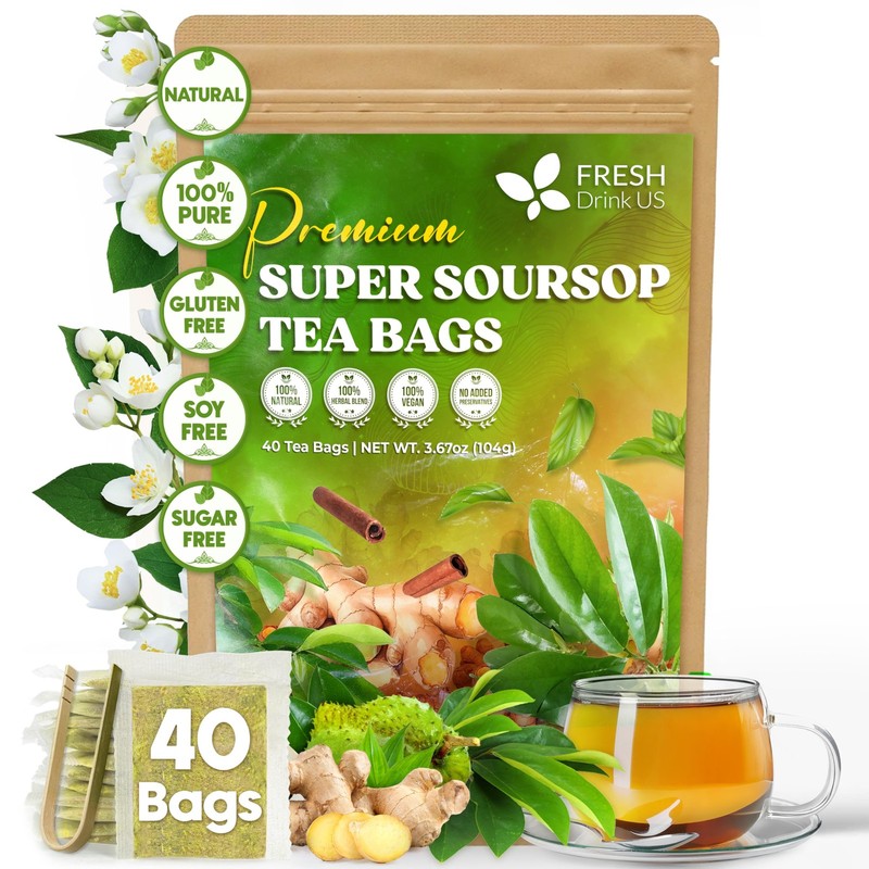 , Super Soursop Herbal Tea – 40 Tea Bags | Soursop, Ginger, Turmeric, Lemongr…