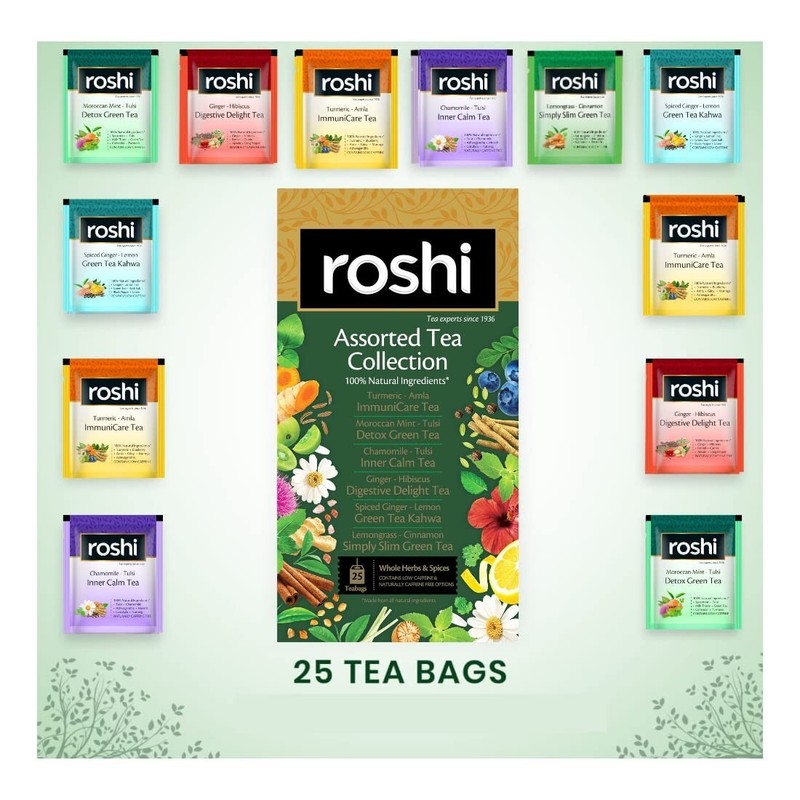 Roshi Assorted Herbal & Green Tea Collection (25 Tea bags) Chamomile Immunity