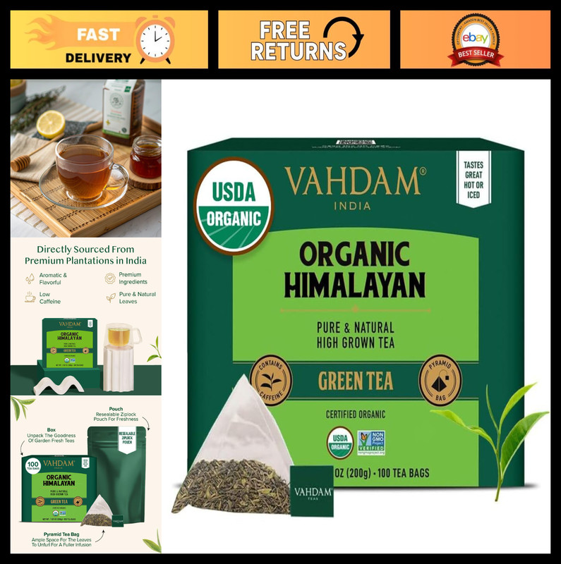 Organic Himalayan Green Tea – 100 Count, Non-GMO, Gluten-Free, Low Caffeine, Ear