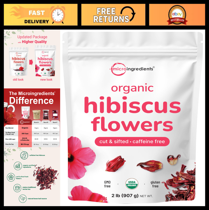 Organic Hibiscus Flowers 2lbs | Loose Leaf Tea for Hibiscus Tea Bags | Caffeine
