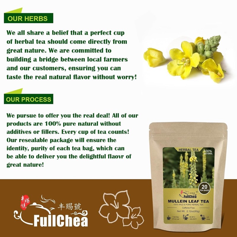 FullChea - Mullein Leaf Tea Bags, 20 Teabags, 3g/bag For Lungs - Non-GMO - Caffe gallery