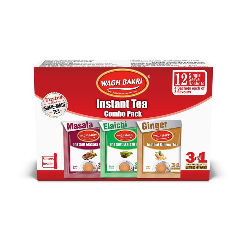 Wagh Bakri Instant Tea Premix Combo Cardamom Ginger Masala 12 Sachets