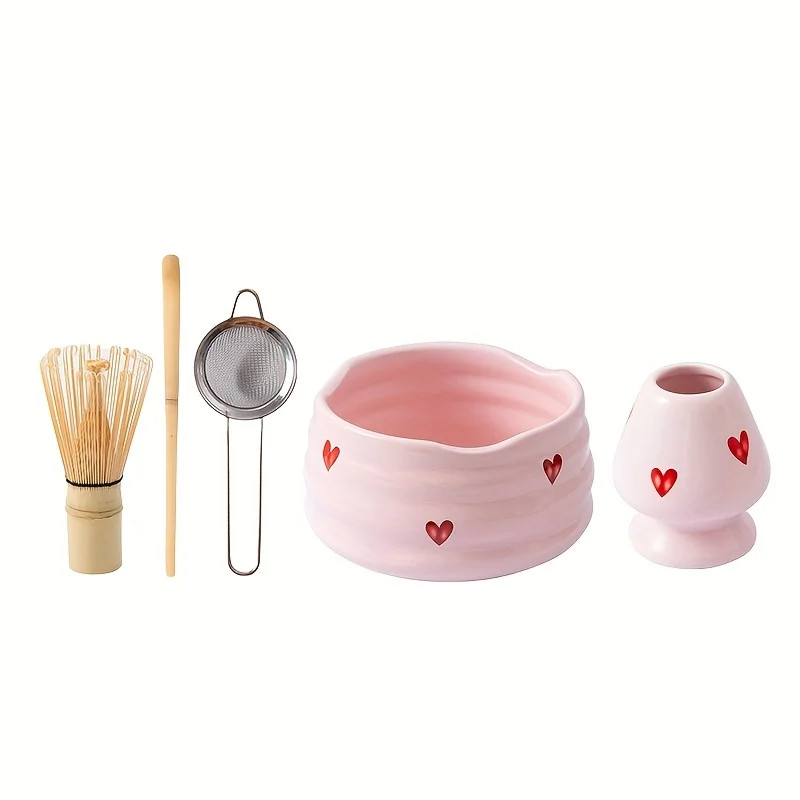 5pc Pink Heart Ceramic Matcha Tea Set Bowl Whisk Holder Bamboo Scoop Sifter