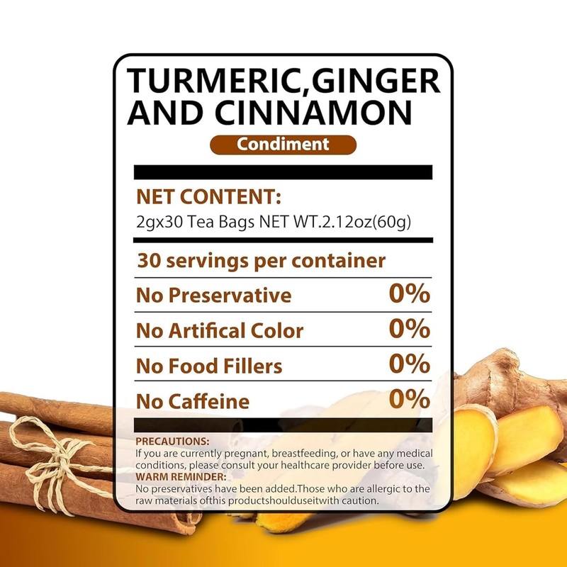 30 Premium Turmeric Ginger Cinnamon Tea Bags, 100% Natural Ingredients Herbal Te gallery