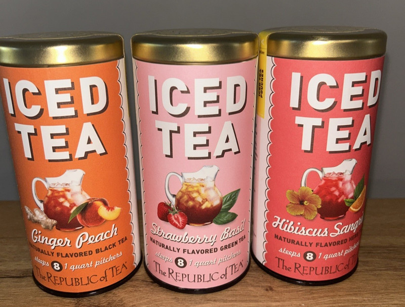 Lot 3 The Republic of Tea Cold Brew Hibiscus Ginger Peach , StawIced Tea Pouches