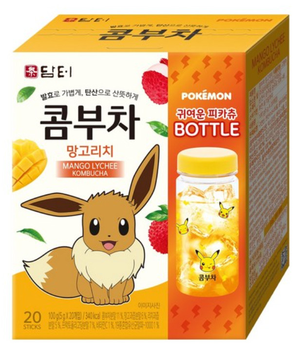 Damtuh Kombucha Mango Lychee Tea Powder 5g x 20 Sachets + Pokemon Bottle Korean