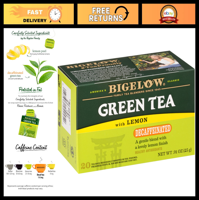 Decaf Green Tea with Lemon – 20 Count Box (Pack of 6) – 120 Total Bags