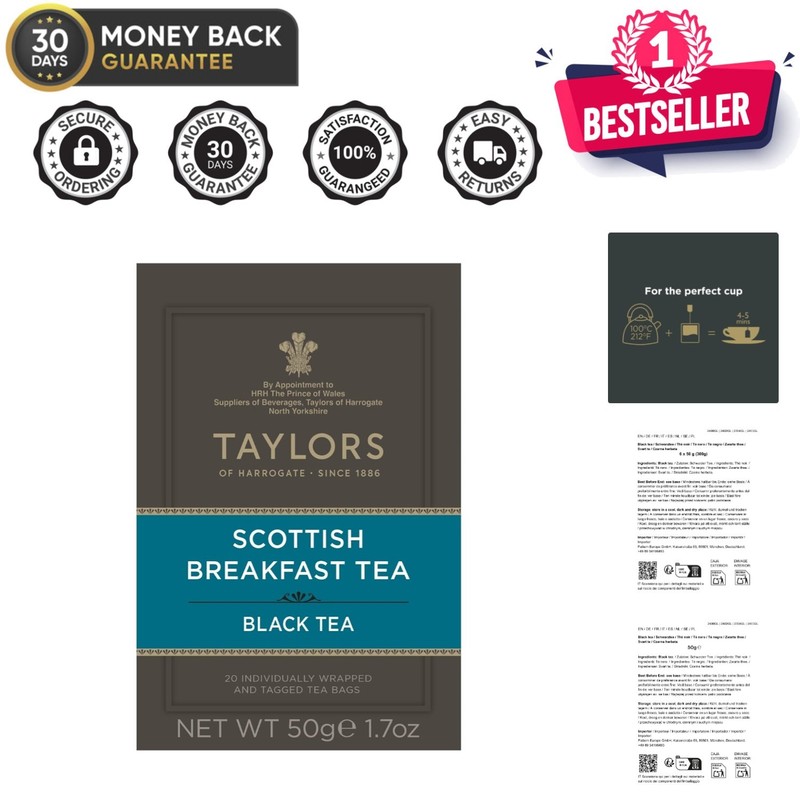Rich Malty Scottish Breakfast Tea - Caffeinated, 20 Count Pack, Hot or Iced