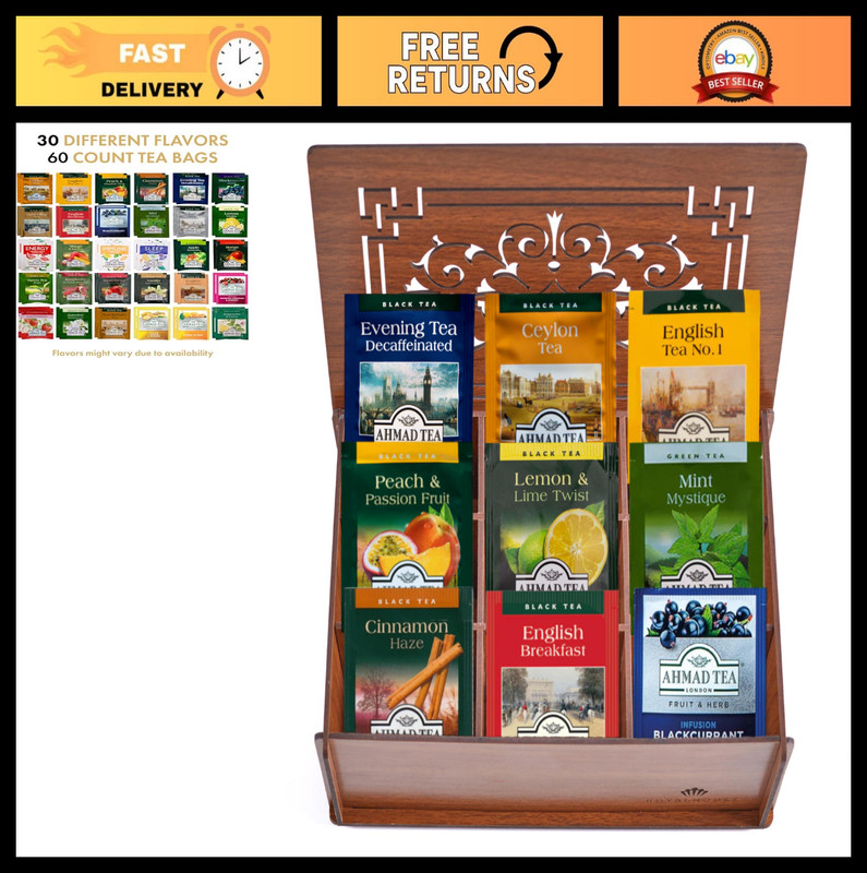 Assorted Tea Bags Sampler Variety Pack in Wooden Gift Box – 60 Count, 30 Flavors