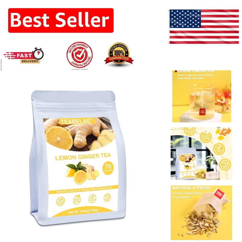 Pure Lemon Ginger Tea Bags, 70 Count – Non-GMO & Caffeine-Free Herbal Wellness