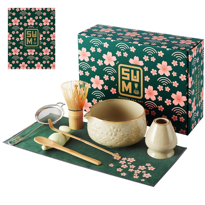 Matcha Whisk Set 9pcs – Matcha Tea Set with Ceramic Matcha Bowl, Bamboo Whisk…