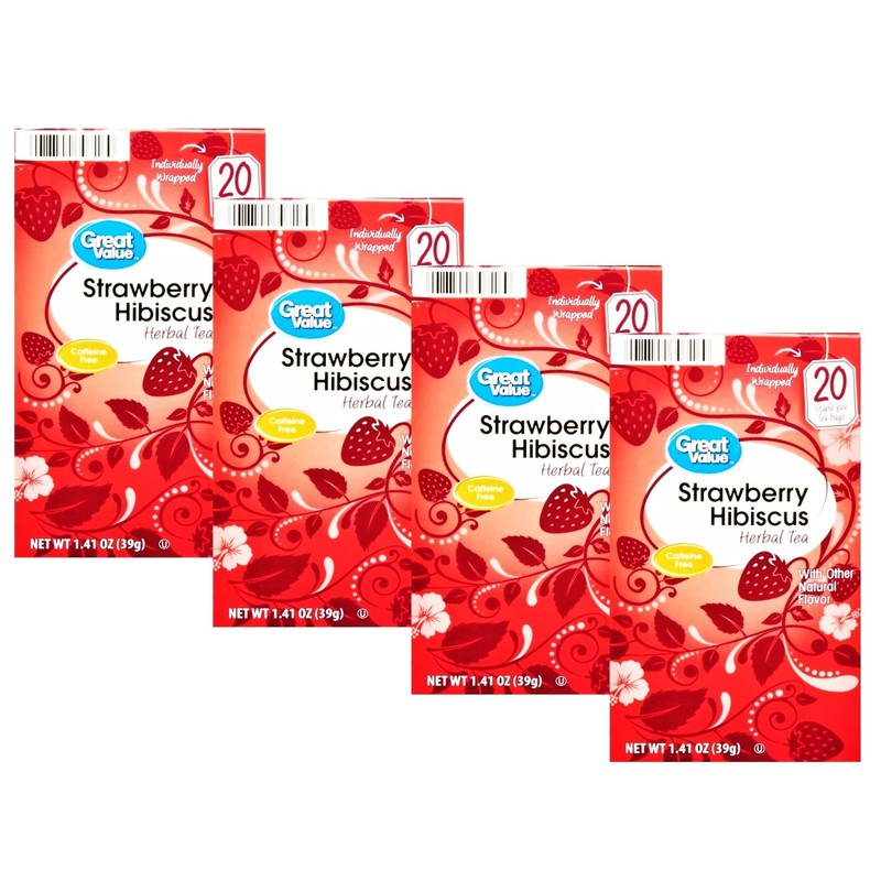Great Value Strawberry Hibiscus Herbal Tea, 20 Tea Bags (Pack of 4)