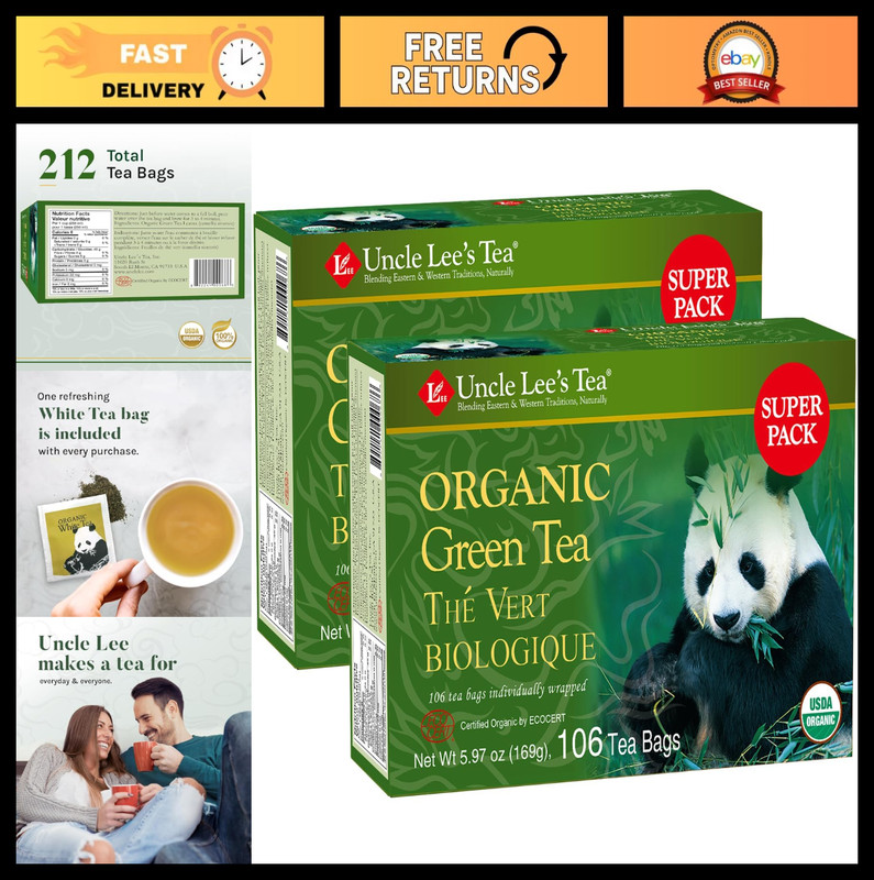 Organic Green Tea Bags 2-Pack, 106 Count – Refreshing & Lightly Caffeinated Bulk