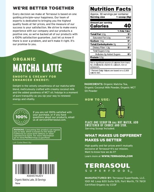 Organic Matcha Latte 100% Organic, Vegan, Dairy-Free - Smooth Creamy Texture gallery