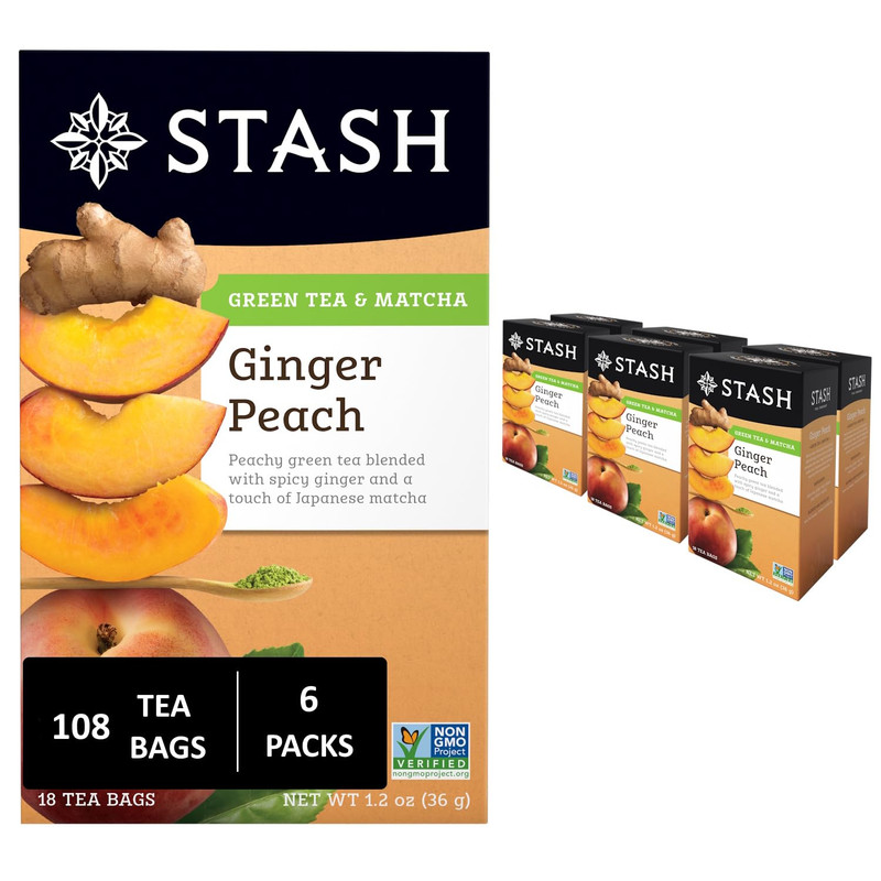 Stash Tea Ginger Peach Green Tea – Caffeinated, Non-Gmo Project Verified Premium