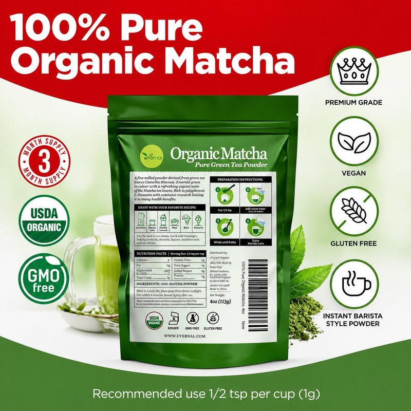 2 Pack uVernal Organic Matcha Green Tea Powder 4oz 8oz Total Pure Culinary Grade gallery