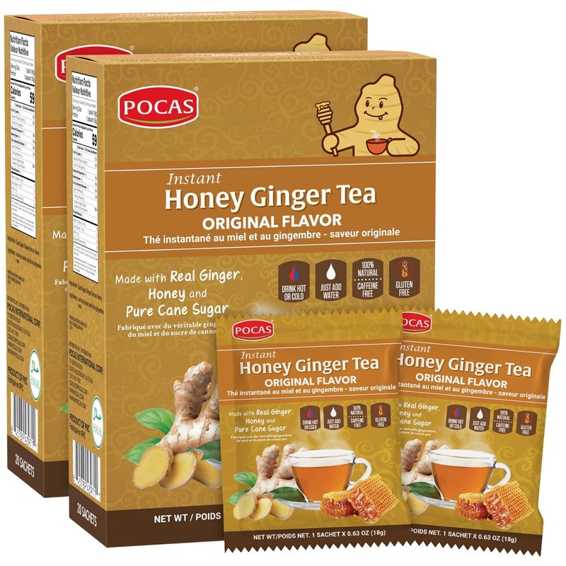 Pocas Honey Ginger Tea Instant Powder Non GMO Gluten Caffeine Free 20 Ct 2 Boxes