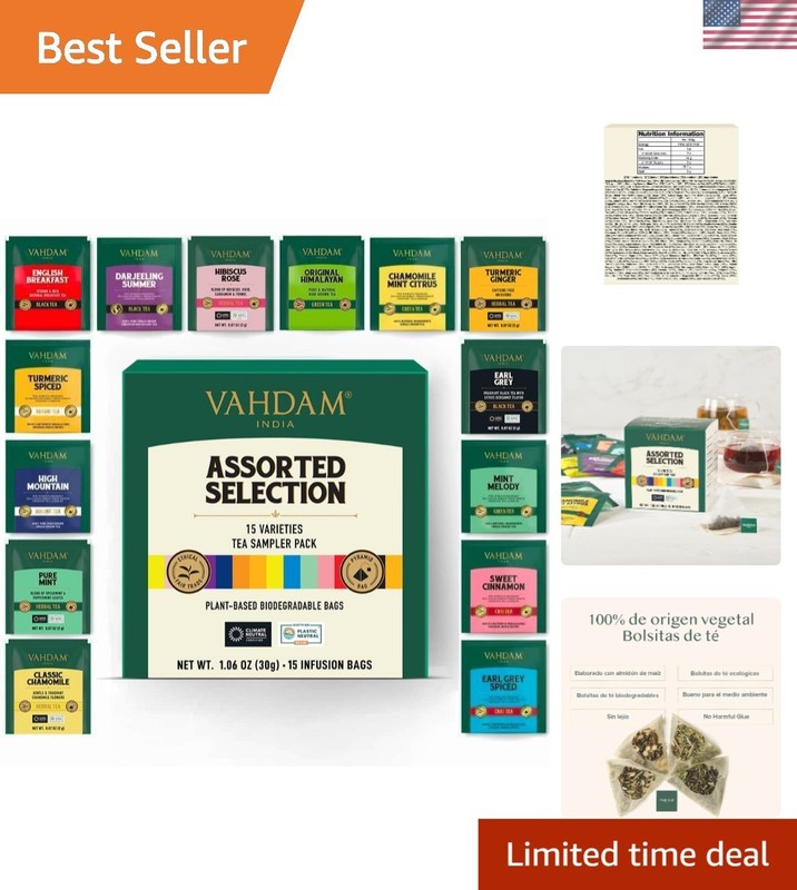 Sustainably Sourced Assorted Tea Sampler – 15 Unique Flavors in Pyramid Bags