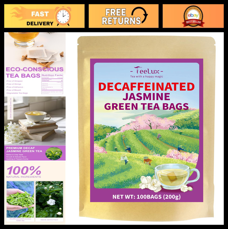 Decaf Jasmine Green Tea Bags – 100 Count, Smooth Taste, Pleasant Aroma, Herbal T