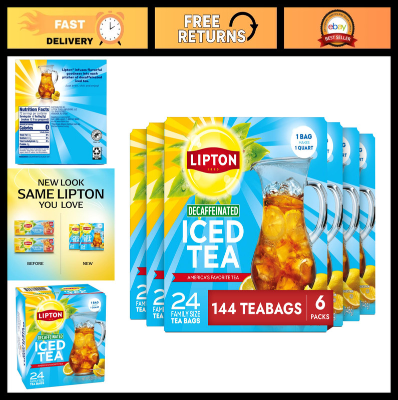 Decaf Black Iced Tea Bags – Family Size, Zero Calories, 144 Total Bags (6 Pack)