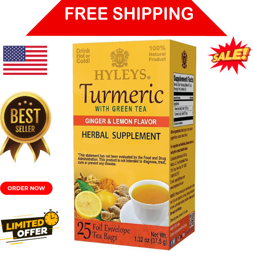 Hyleys 100% Natural Turmeric Tea Green Tea w/ Ginger & Lemon Flavor, 25 Tea Bags