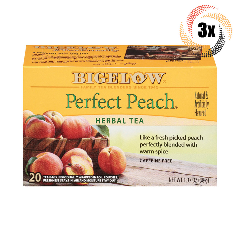 3x Boxes Bigelow Perfect Peach Natural Herbal Tea | 20 Pouches Per Box | 1.37oz