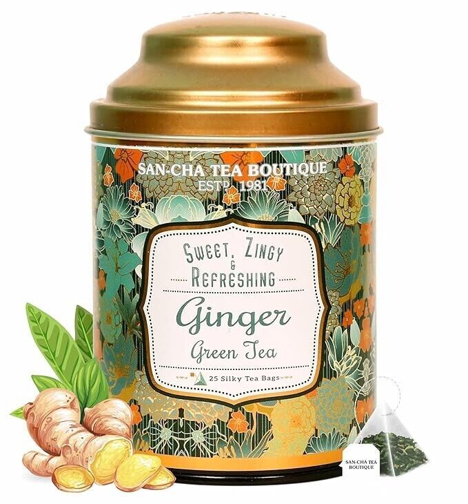SAN CHA Ginger Green Tea, 25 Pyramid Tea Bags, Real Adrak Chai, Immunity.