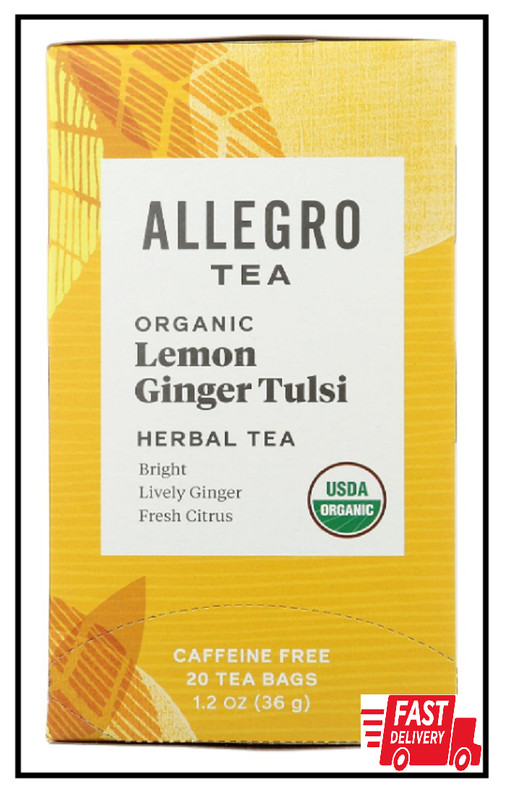 Allegro Tea, Organic Lemon Ginger Tulsi Herbal Tea Bags, Caffeine Free, 20 ct