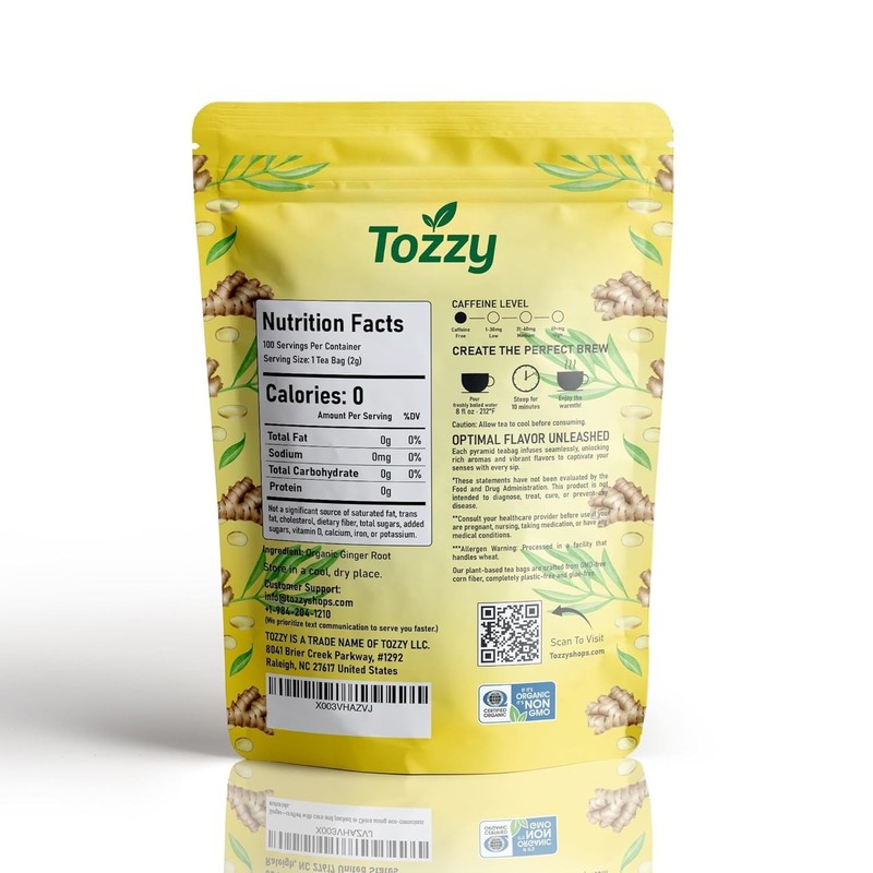 Tozzy Organic Ginger Tea – 100 Count, Plant-Based Pyramid Tea Bags gallery