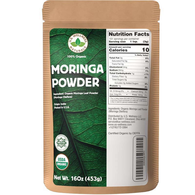 Organic Moringa Powder 1LB – Pure Leaf, No Stems, India Sourced, Resealable Bag