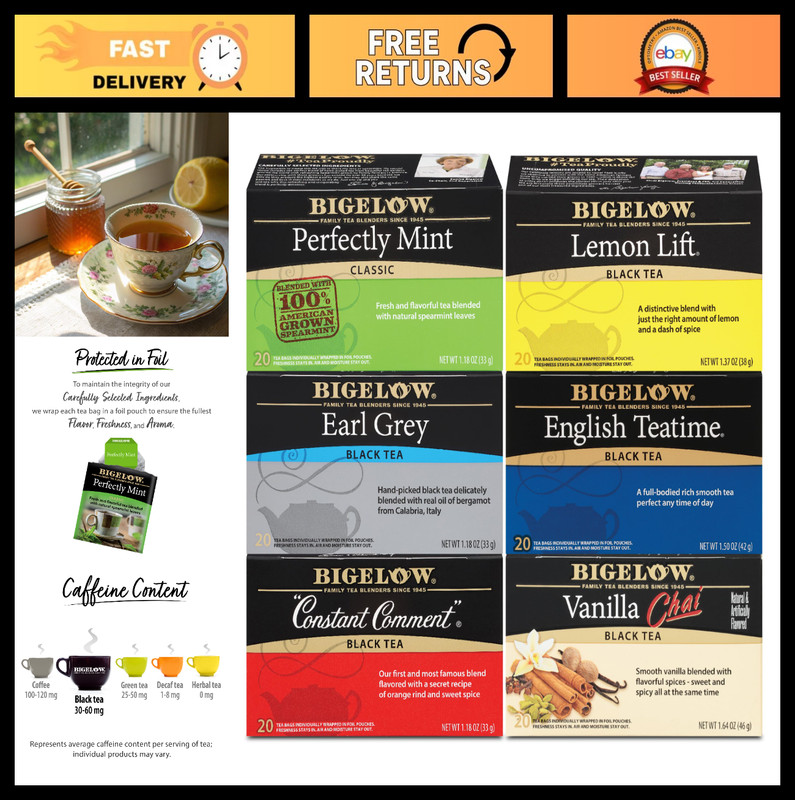 Caffeinated Black Tea Variety Pack – 6 Flavors: Mint, Lemon, Earl Grey & More, 1