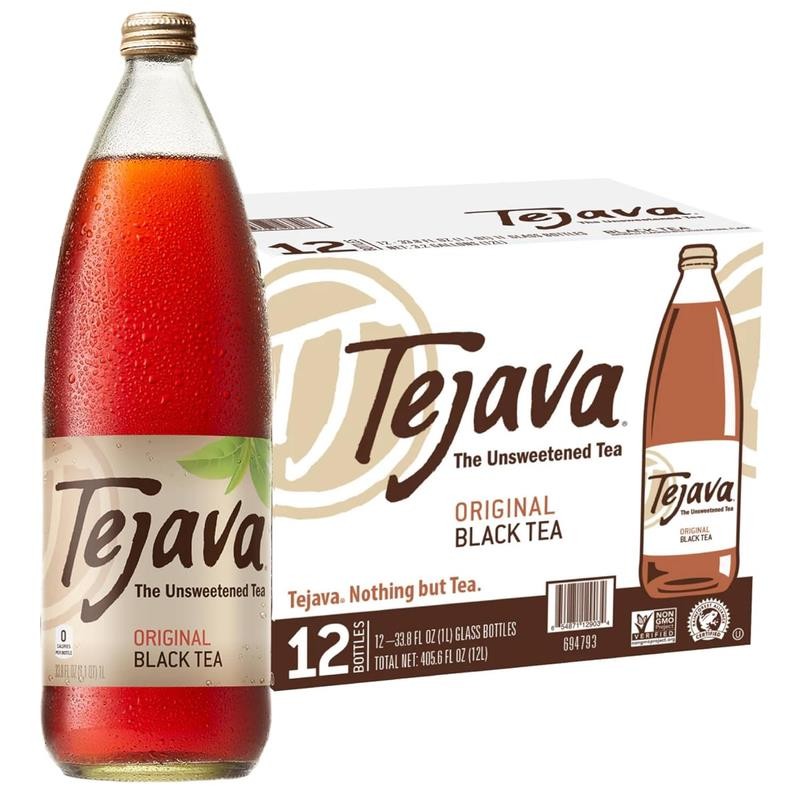 Tejava Black Iced Tea, Original Unsweetened, 12 Pack, 1L Glass Bottles, No Sugar