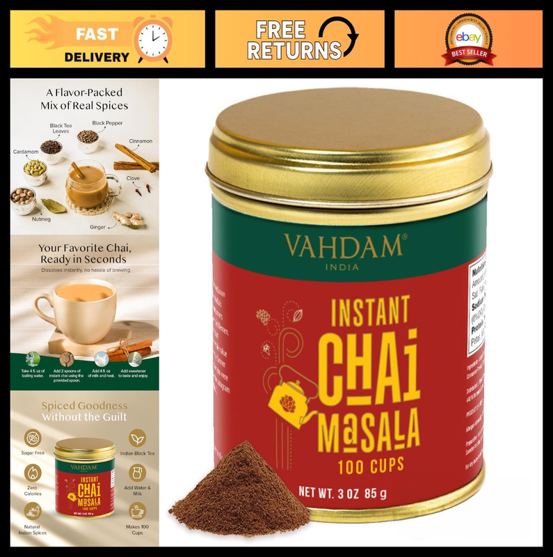 Instant Masala Chai Tea Powder – 100 Cups, Natural Spices, Zero Calories, No Ste