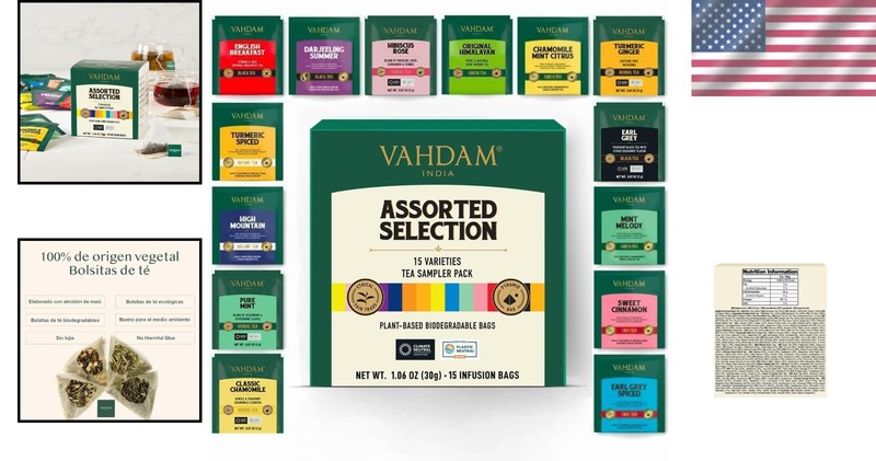 Sustainably Sourced Assorted Tea Sampler - 15 Unique Flavors in Pyramid Bags gallery