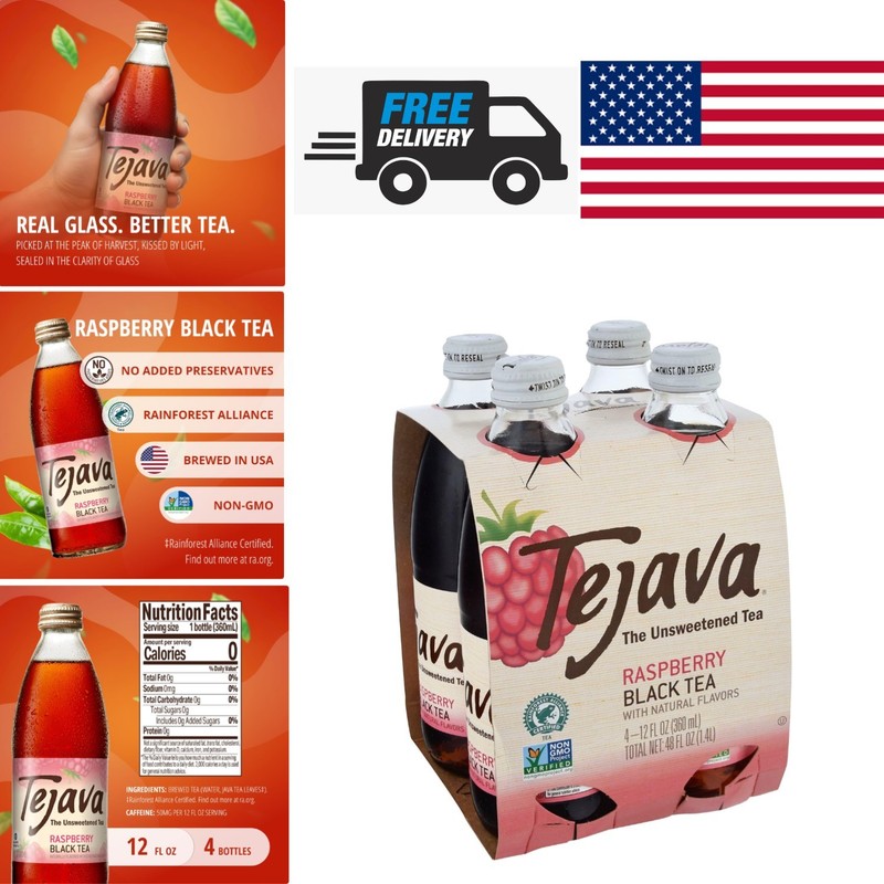 Refreshing Raspberry Black Iced Tea 4 Pack 12oz Glass Bottles No Preservatives