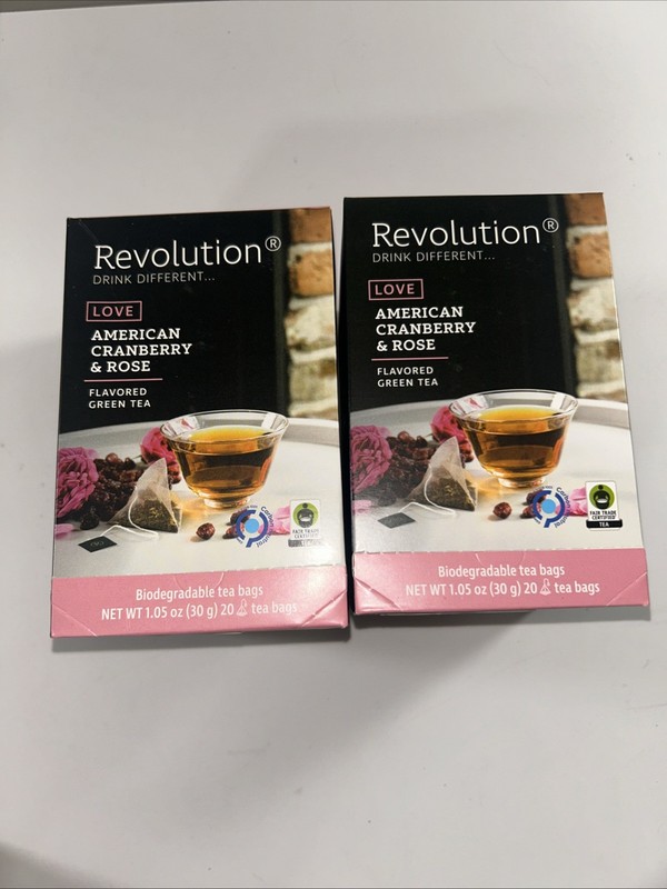 2 X Revolution Tea American Cranberry & Rose Green Tea 20 Bags Each NEW!