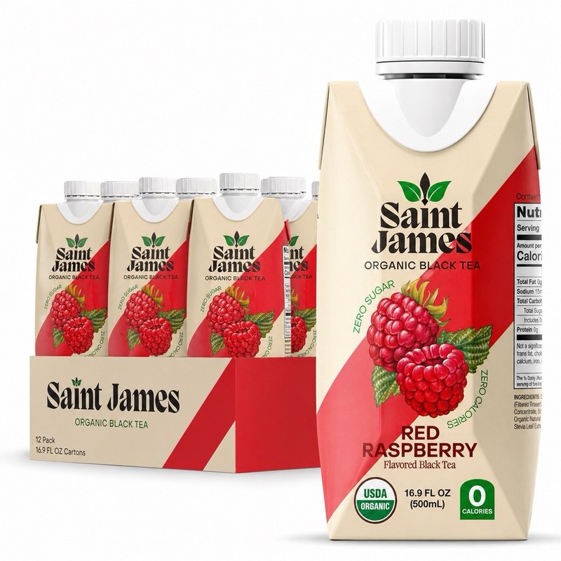 Saint James Red Raspberry Black Tea 12 Pack 16.9oz Zero Sugar Non GMO Organic