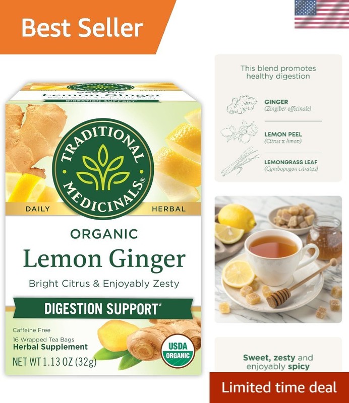 Refreshing Organic Lemon Ginger Tea – 16 Count Pack, Non-GMO Caffeine-Free
