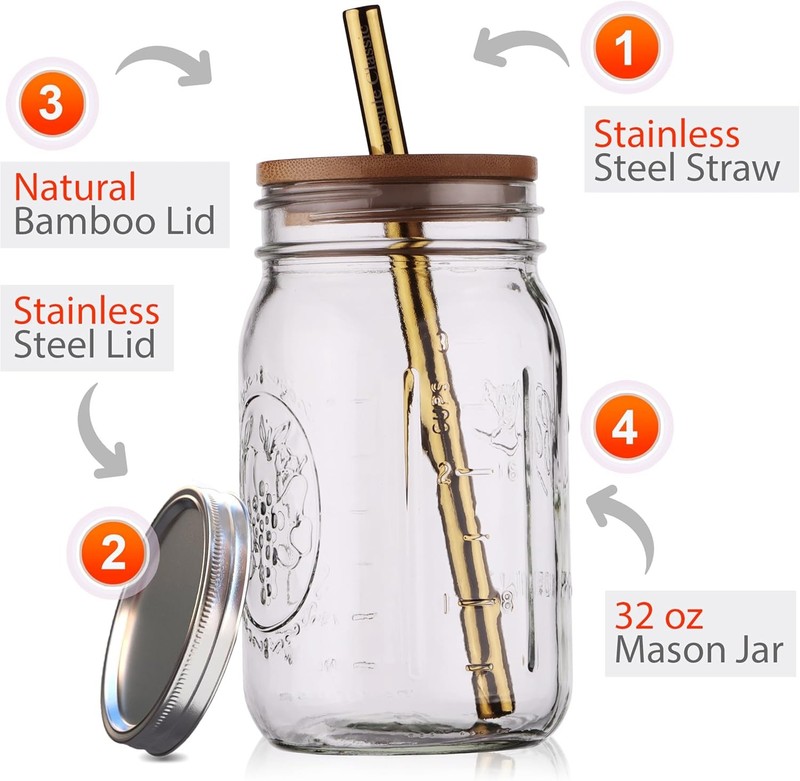 Reusable Boba Bubble Tea & Smoothie Cups – 2 Glass Wide Mouth 32oz Mason Jars