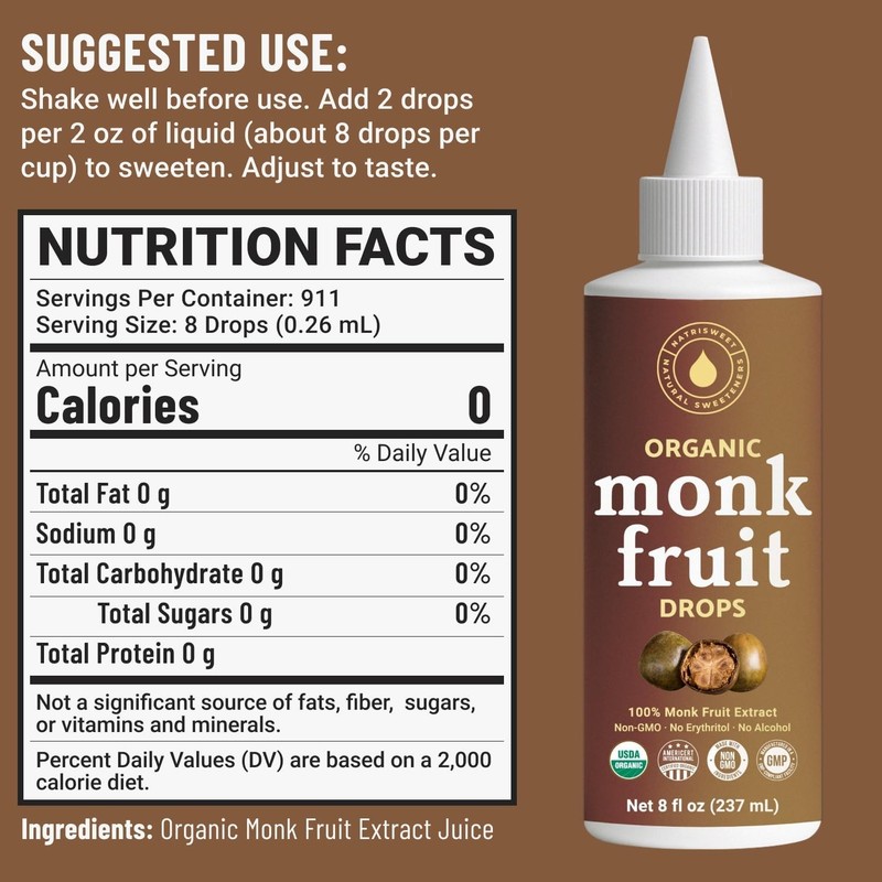 Organic Monk Fruit Liquid Sweetener Drops, 100% Pure Extract, Zero Sugar & No... gallery
